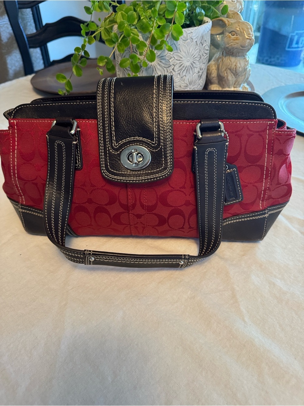 Coach Red Signature Shoulder Bag with Mahogany Leather Trim